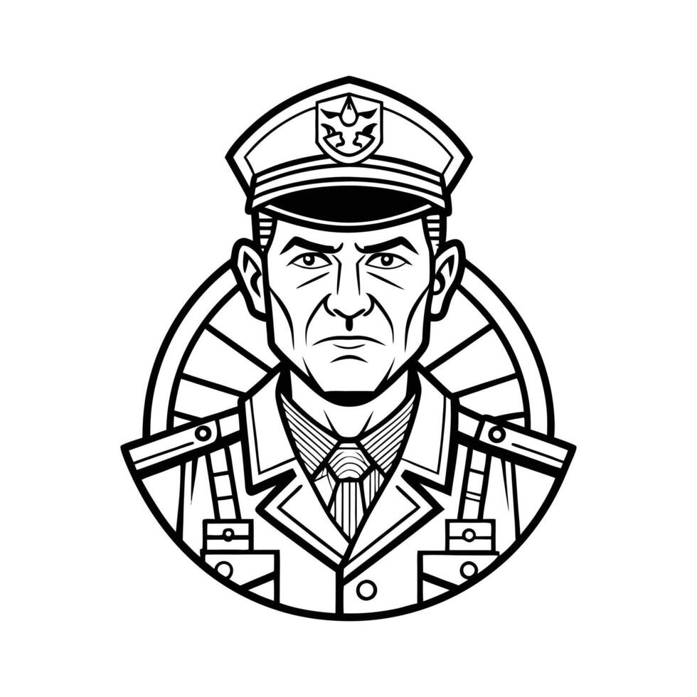 A black and white drawing of a man in uniform vector