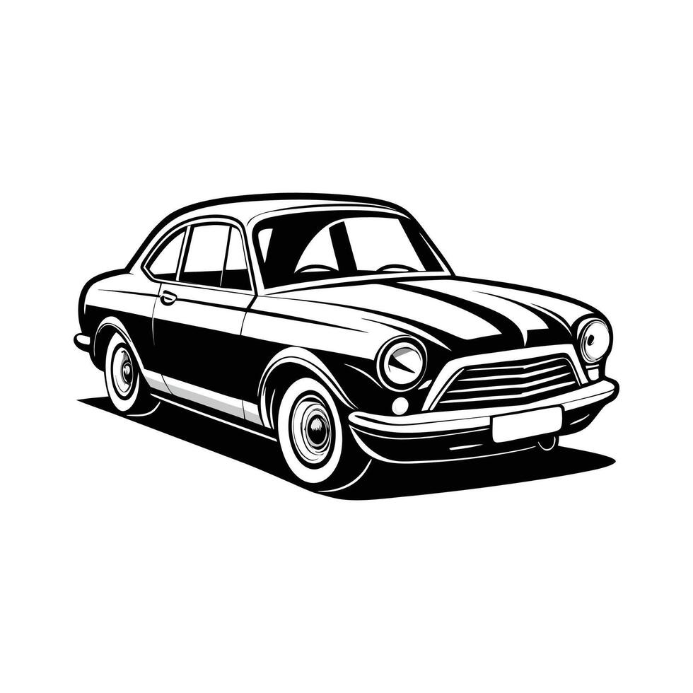 An old car is shown in black and white vector