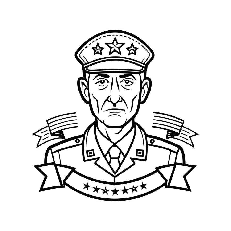A black and white drawing of a man in a military uniform vector