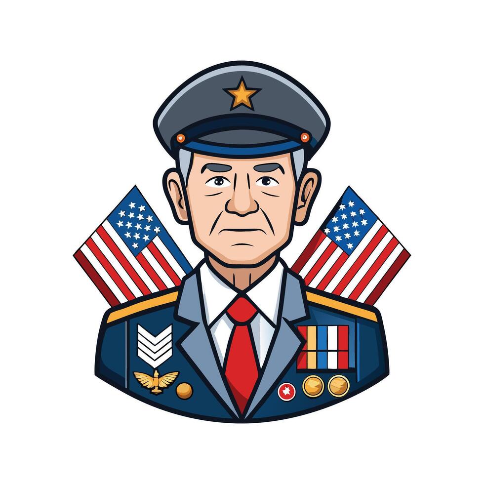 Patriotic Veteran with Medals and Flag Illustration vector