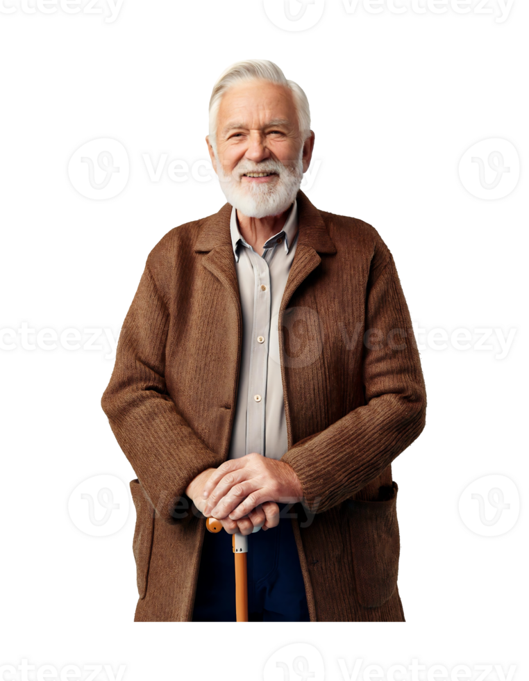 An older man with a cane and a brown coat png