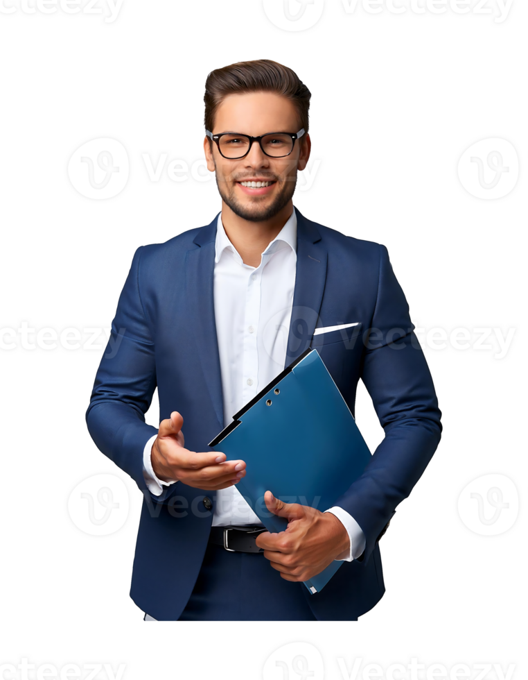 A man in a suit and glasses holding a blue folder png