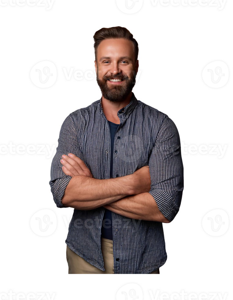 A man with a beard and shirt standing with his arms crossed png