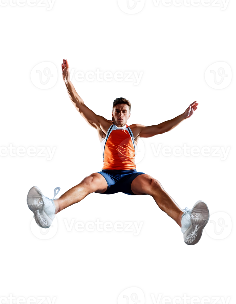 A man in an orange shirt is jumping in the air png