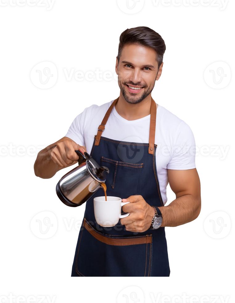 A man in an apron holding a cup of coffee png