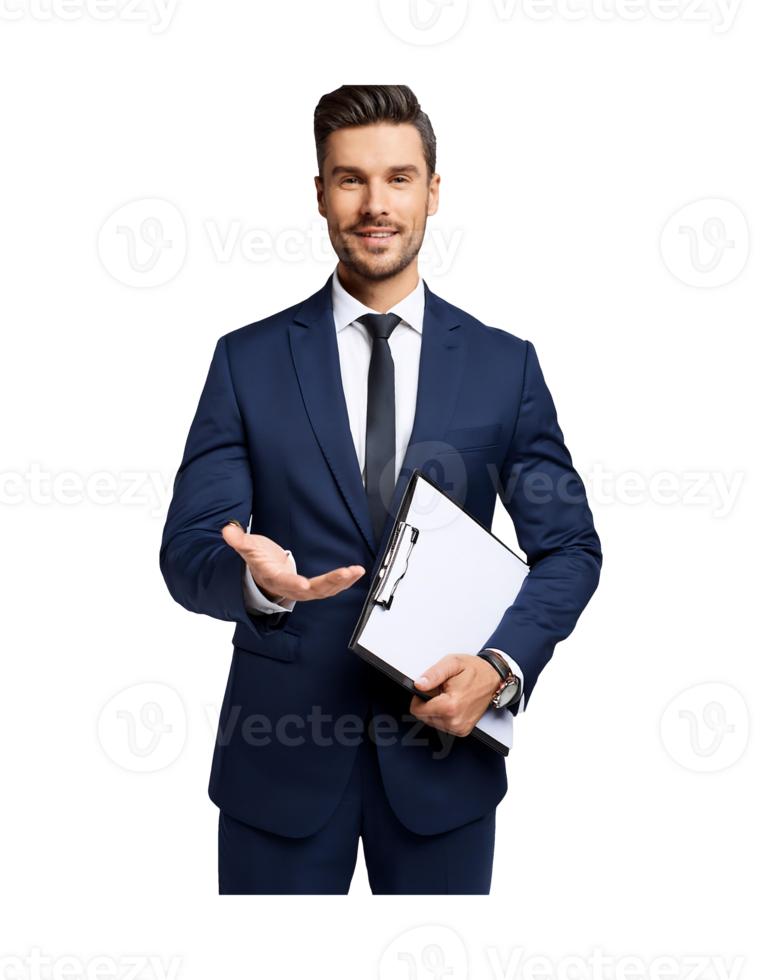 Businessman in suit holding clipboard and pointing png