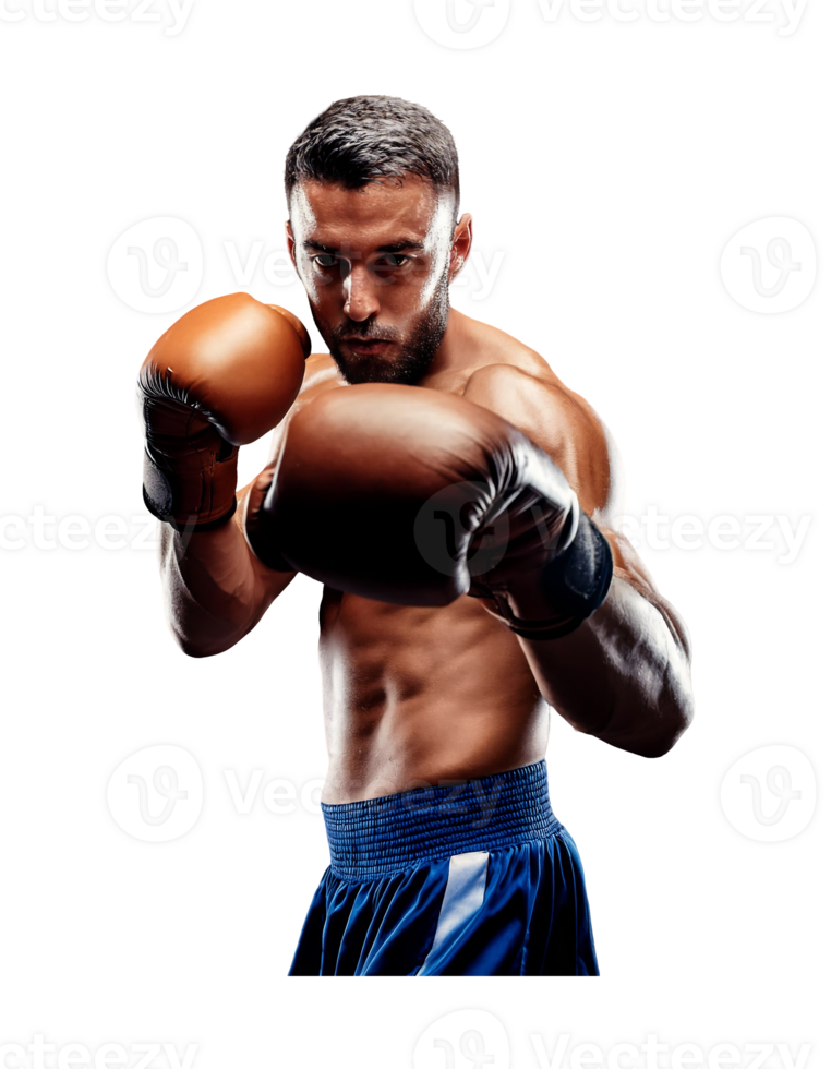 A man in boxing gear with his hands up png