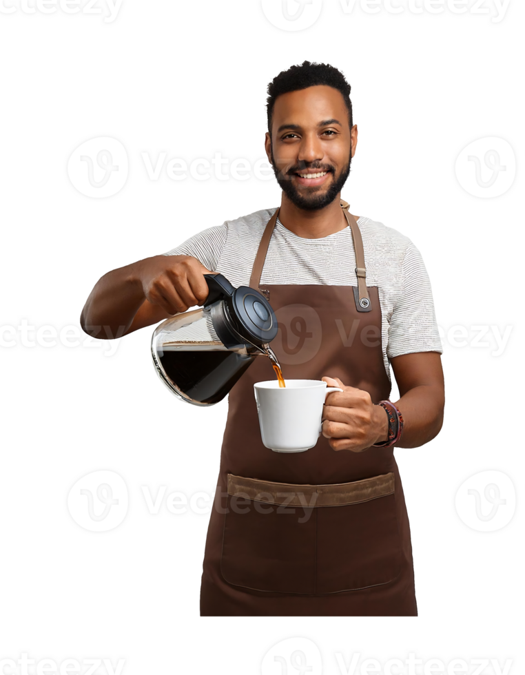 A man in an apron holding a cup of coffee png