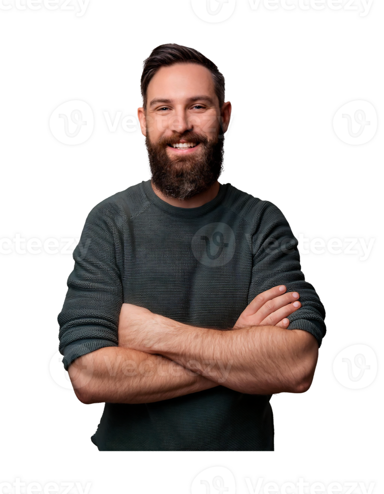 A man with a beard and a beard standing with his arms crossed png