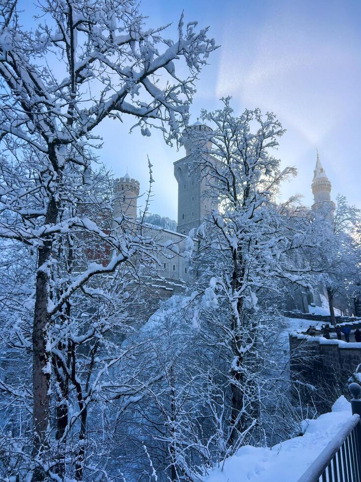 Fussen, Germany. Snow-covered trees, blue sky and a castle on a mountain photo
