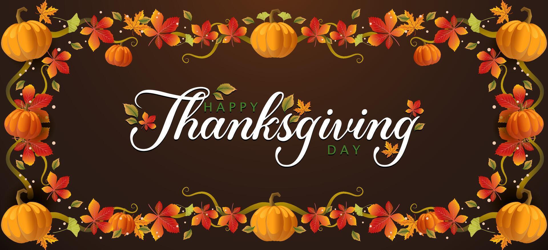 Happy Thanksgiving day banner with pumpkins, foliage and copy space for text, horizontal background vector