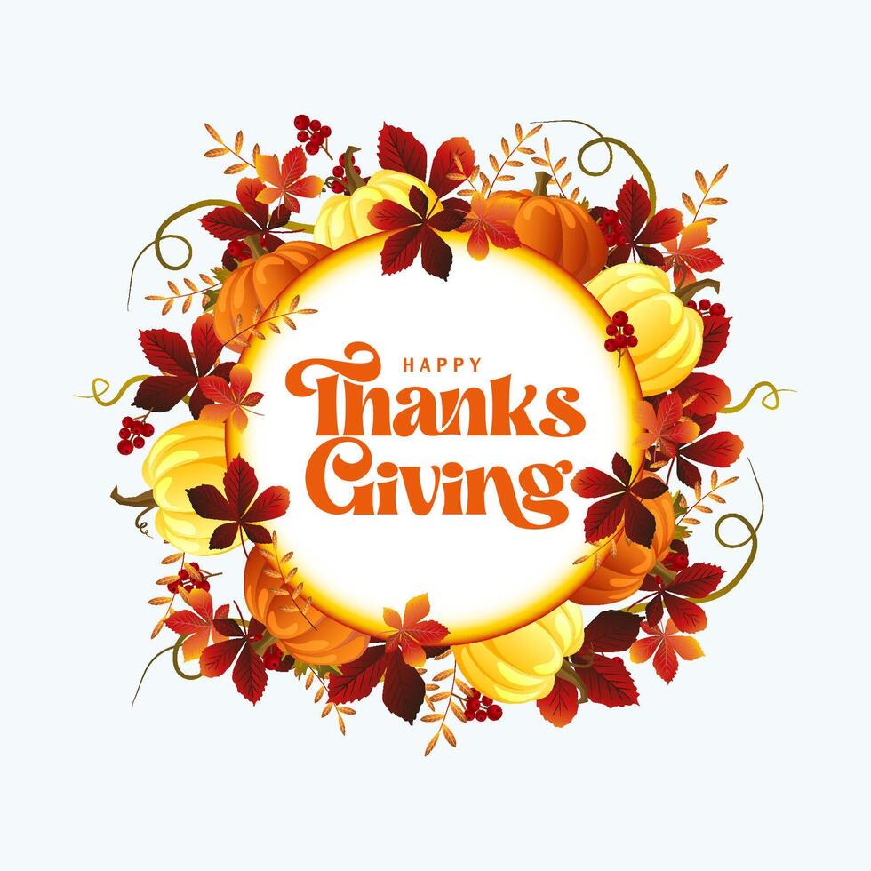Happy Thanksgiving day with pumpkins foliage and autumn leaves vector