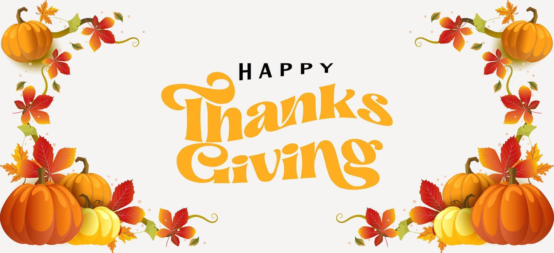 Happy Thanksgiving day banner with pumpkins, foliage and copy space for text, horizontal background vector
