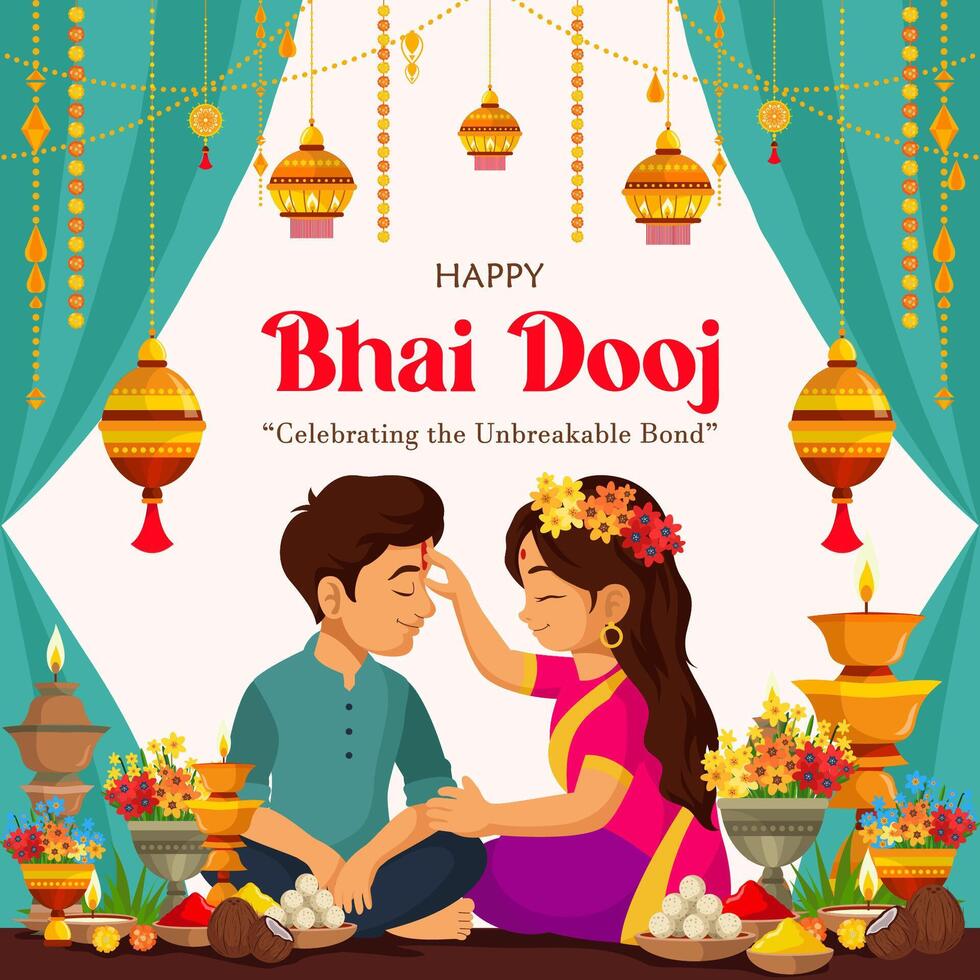 happy bhai dooj for Indian cultural, occasion background with puja thali decoration vector