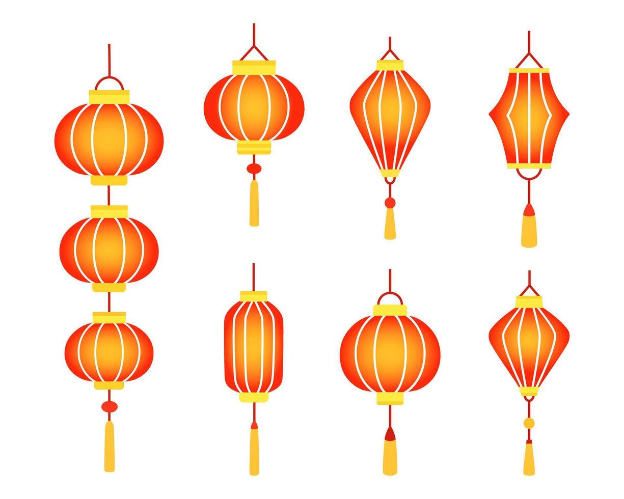 Chinese red holiday glowing lanterns set. Asian decoration. Design cartoon elements in flat style vector