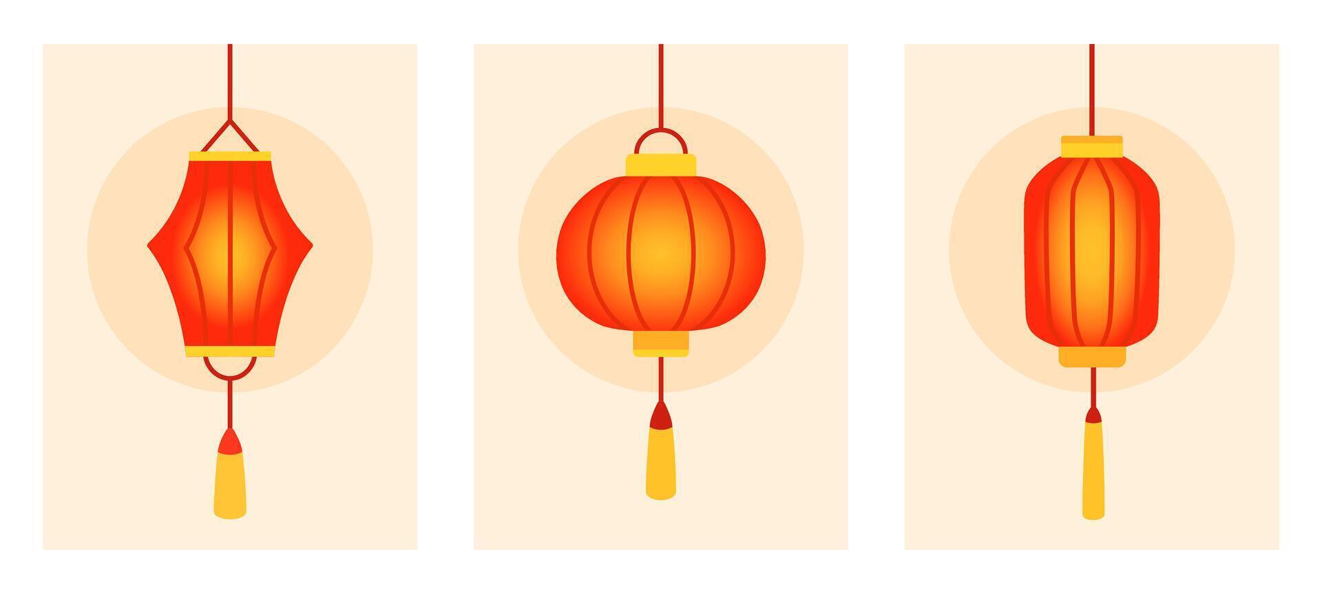 Chinese red holiday glowing lanterns posters set. Asian decoration. Design cartoon elements in flat style vector