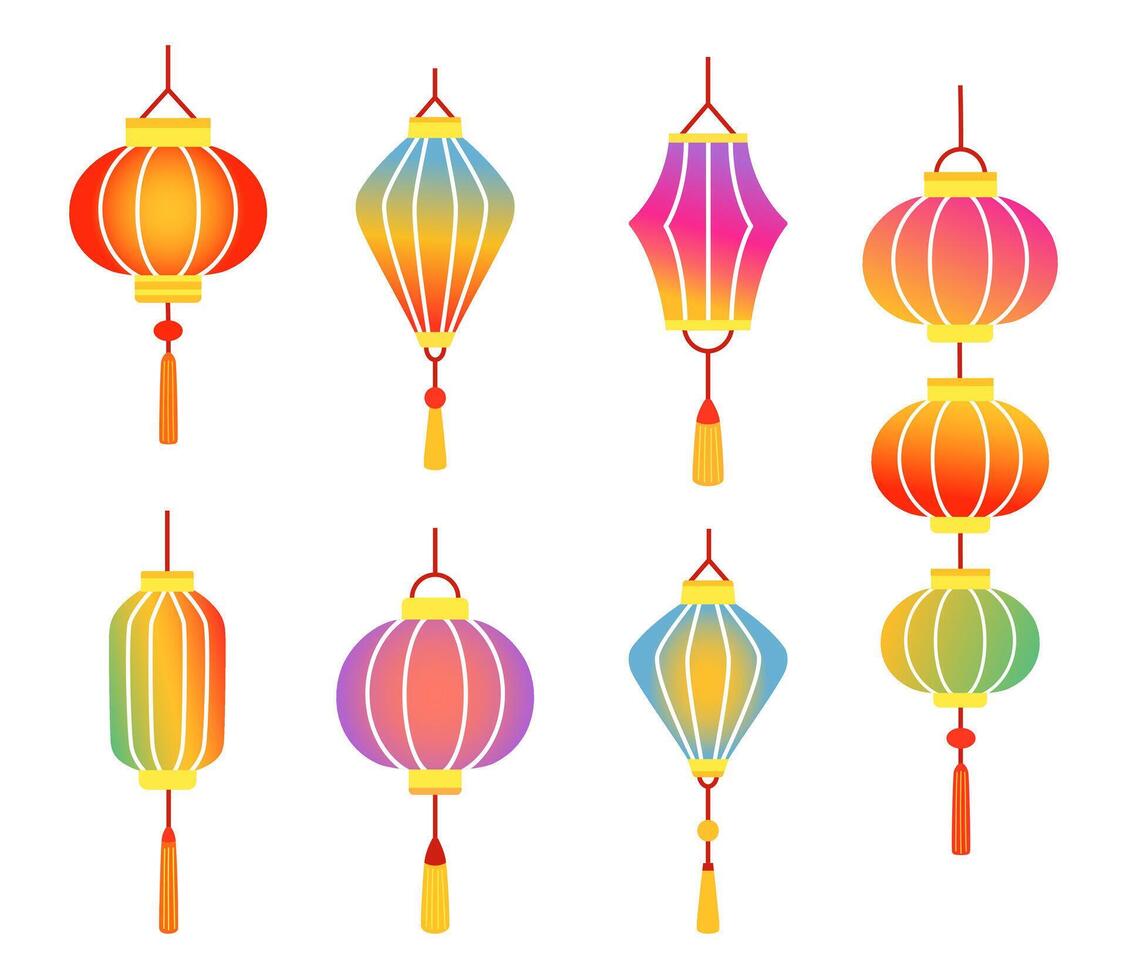 Chinese colorful holiday lanterns set. Asian trendy decoration. Design cartoon elements in flat style vector