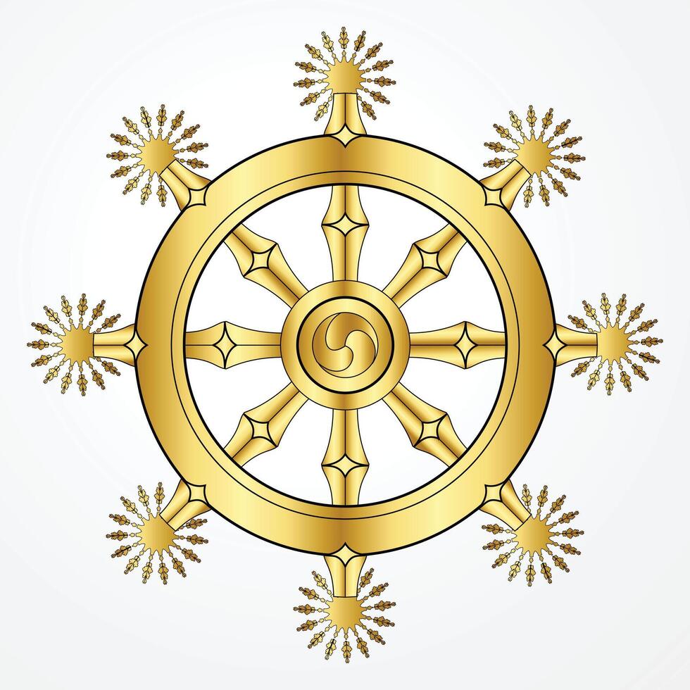 Golden Dharma wheel. Dharmachakra Buddhism sacred symbol. Isolated illustration vector