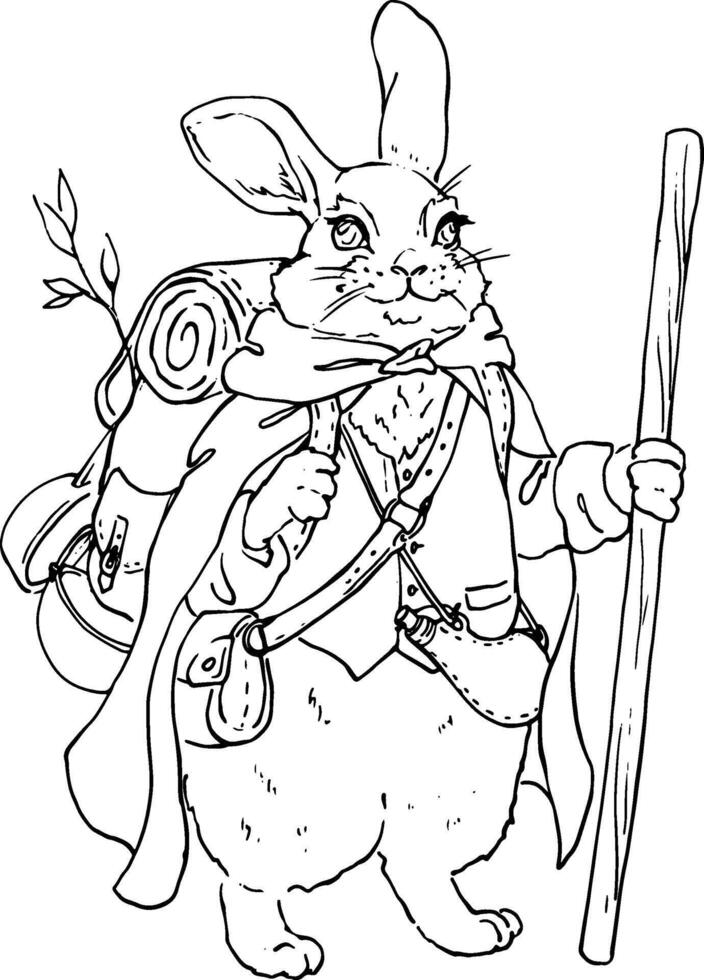 Watercolor illustration of a rabbit. Costumed characters from medieval games. Traveling rabbit in a warm cloak with a backpack, a pole, a pot and a frying pan. Ready for adventure. graphics. vector