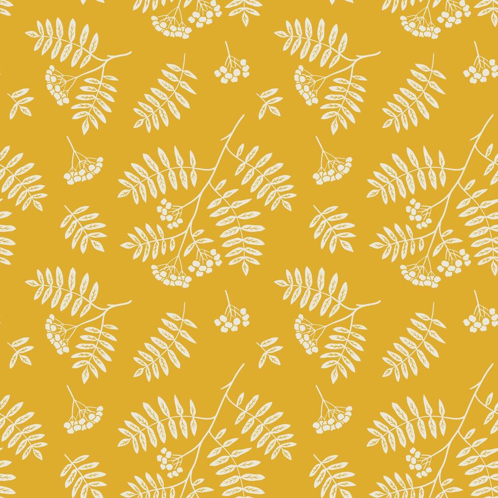 Autumn background with rowan and leaves. Fall seamless pattern. Hand drawn yellow illustration and wallpaper design. vector