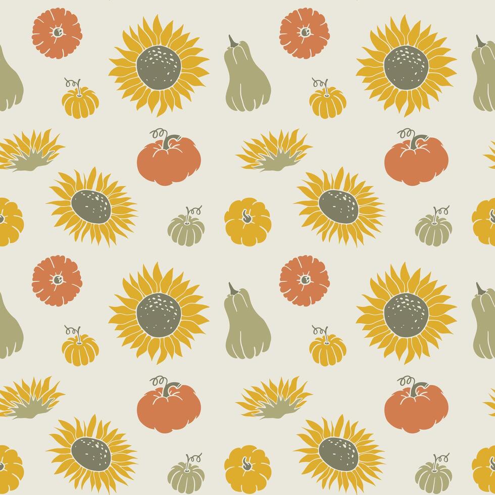 Fall seamless pattern with pumpkin and sunflower. Cute Thanksgiving background with autumn elements. Hand drawn illustration. Linocut style wallpaper art. vector