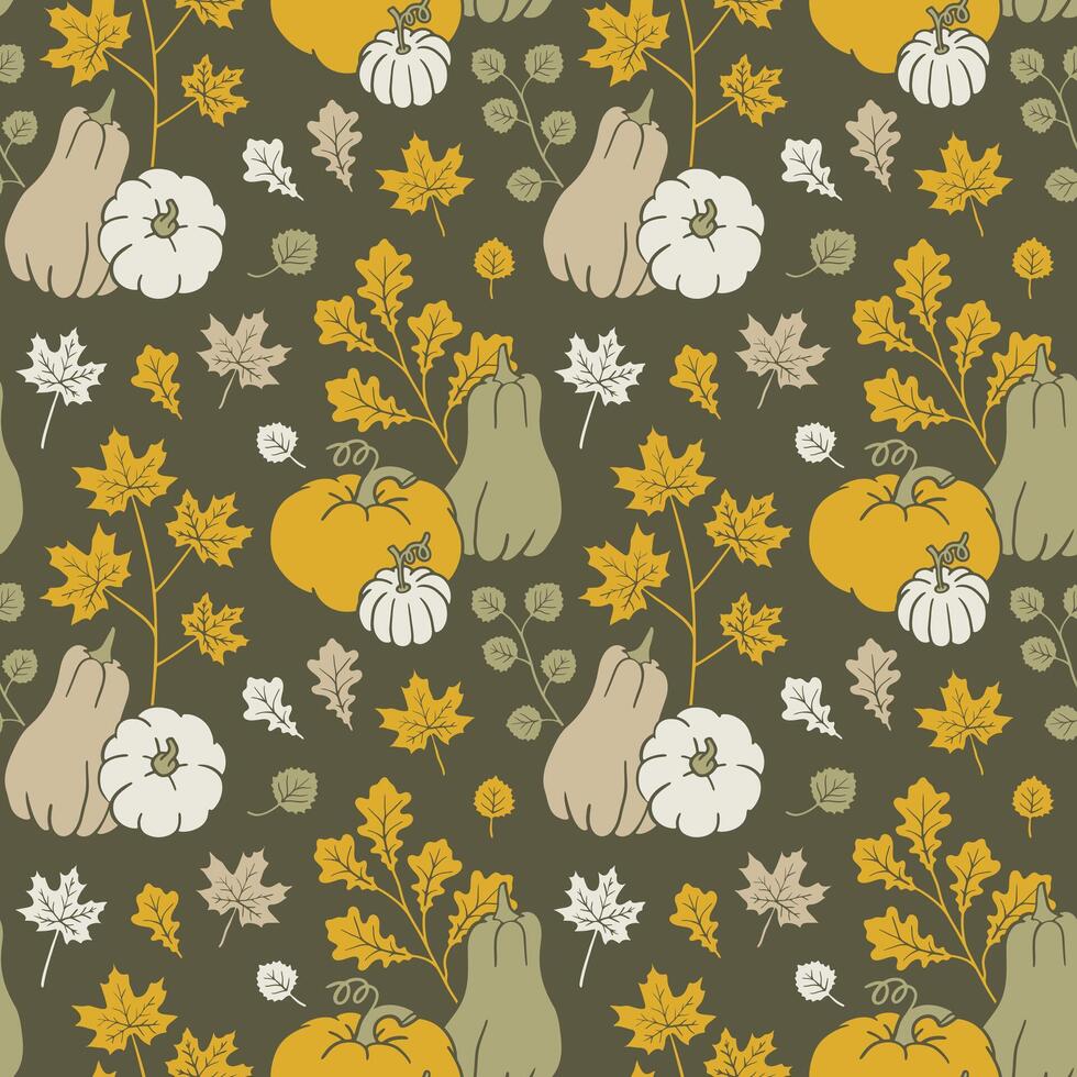Thanksgiving seamless pattern design with pumpkins and fall leaves. Graphic background with autumn elements. Hand drawn Harvest illustration. Linocut style wallpaper art. vector