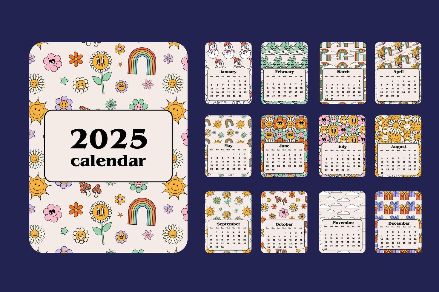 Cartoon cool calendar in 70s style for each month. Cute retro characters flowers, sun, stars. Hippie style2025 calendar with Retro stickers design Calendar planner minimal style annual organizer vector