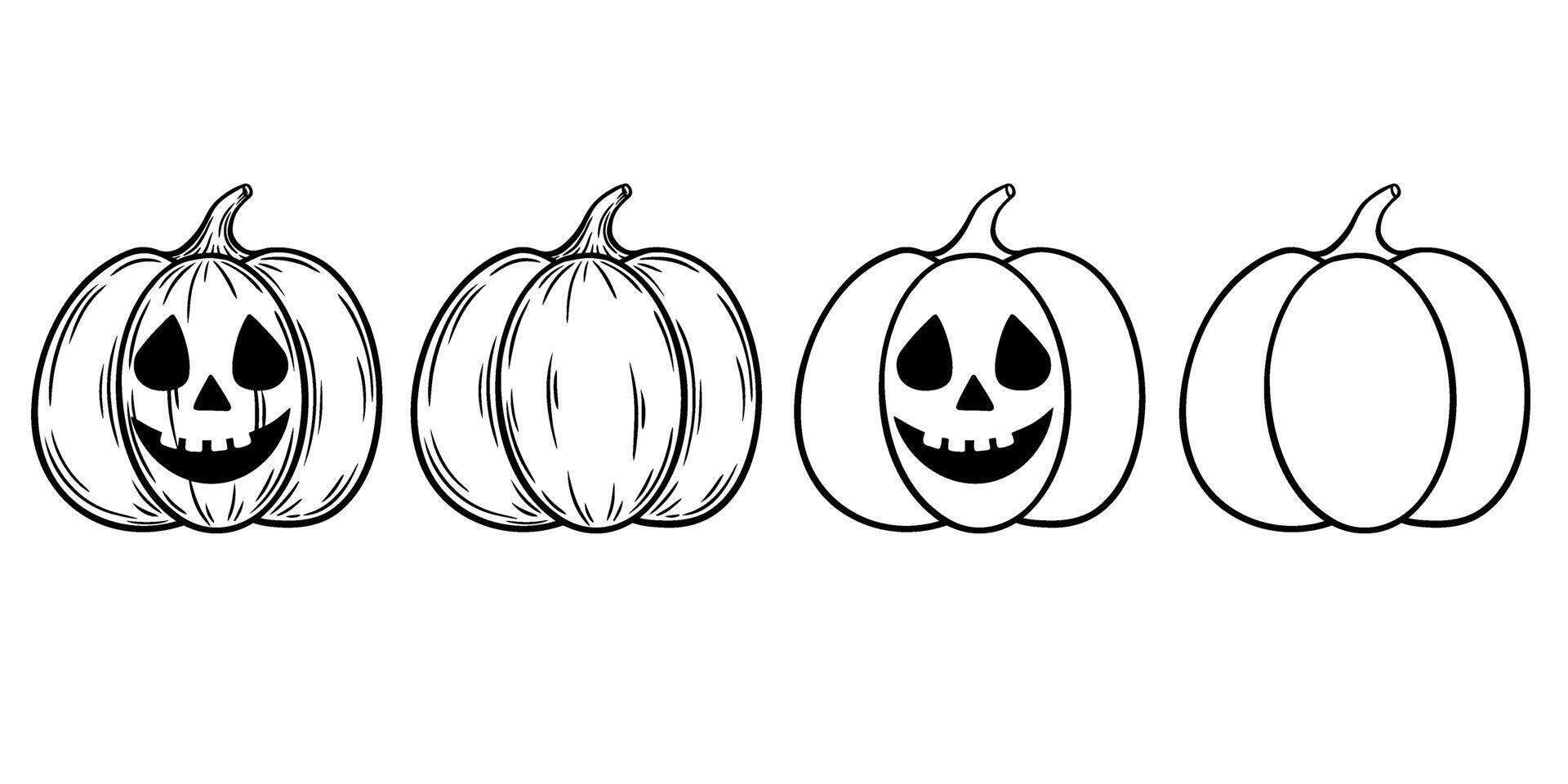 Spooky Halloween pumpkin illustrations set, line art. Laughing Jack o lantern graphic monochrome drawings. Hand drawn outline sketch, engraved illustration. For coloring book, invitation, decoration vector