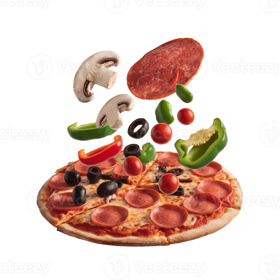 a pizza with pepperoni, mushrooms, olives and tomatoes png