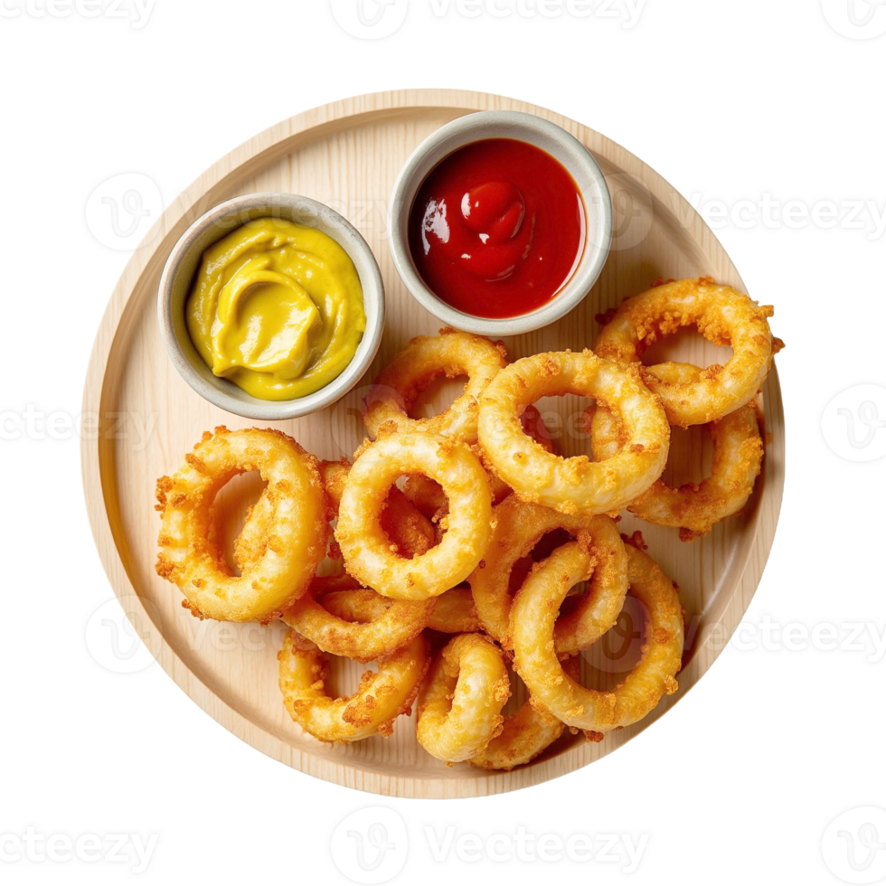 fried onion rings on a plate with ketchup and mustard png