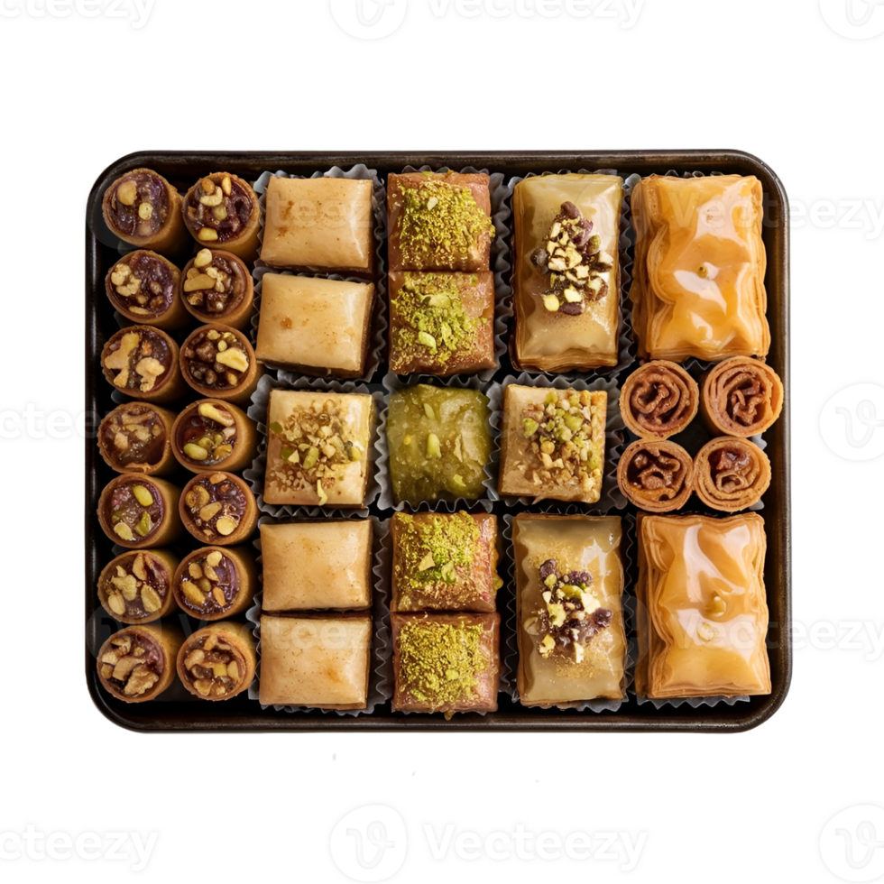 A top-down view of a traditional Middle Eastern baklava box png