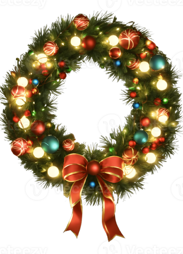christmas wreath with ornaments and ribbon on transparent background png