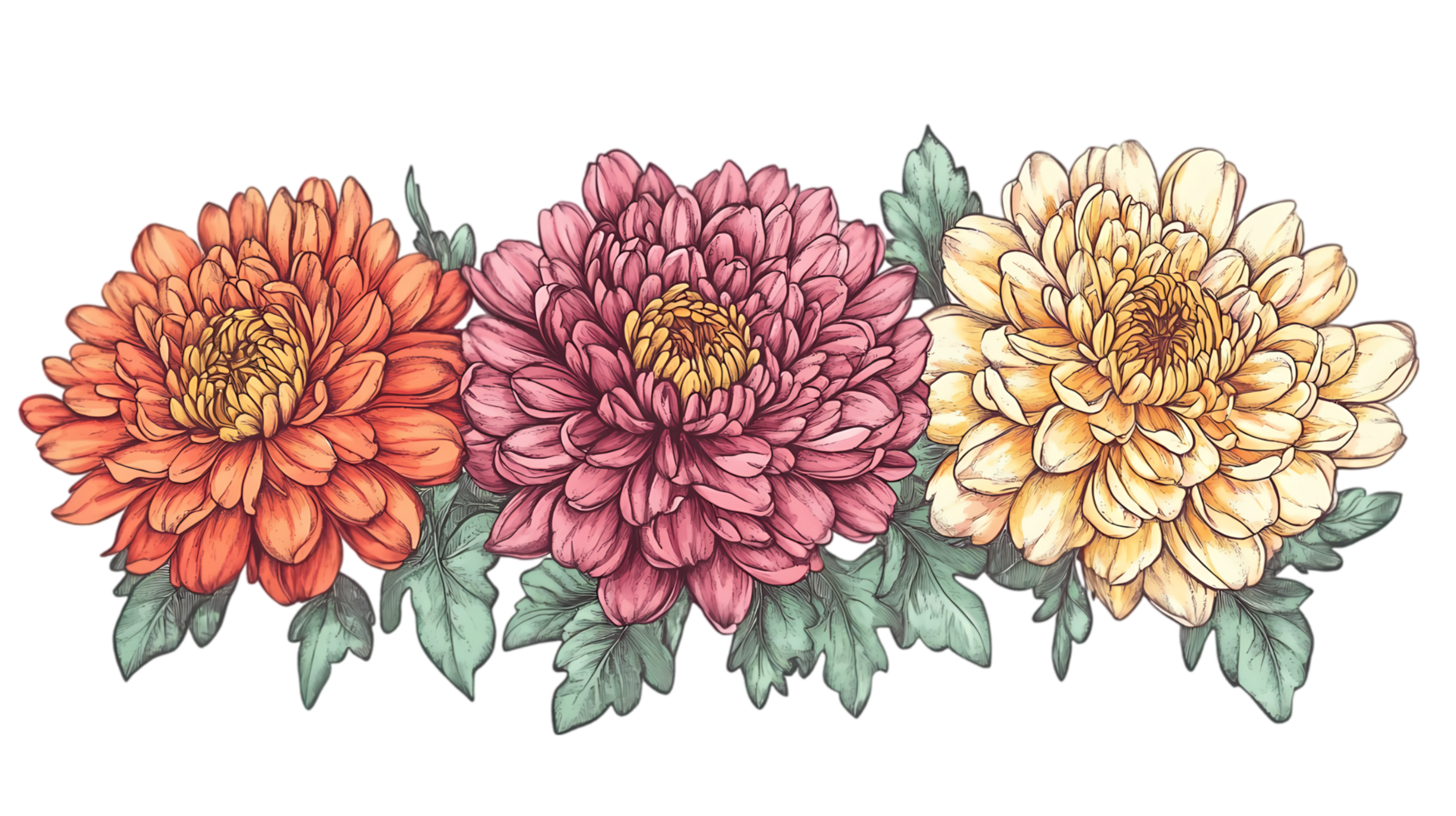 Three vibrant chrysanthemums arranged in a harmonious bouquet with intricate details in a hyperrealistic style png