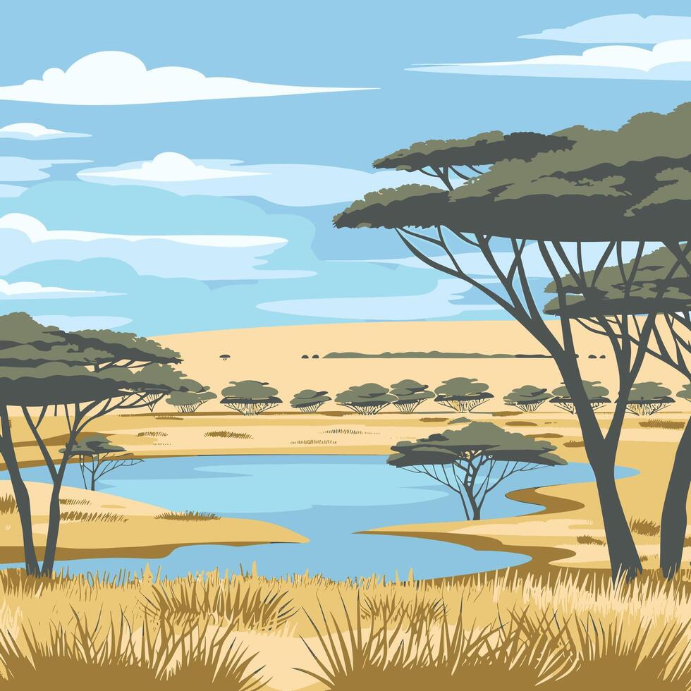 illustration of african landscape with water and trees vector
