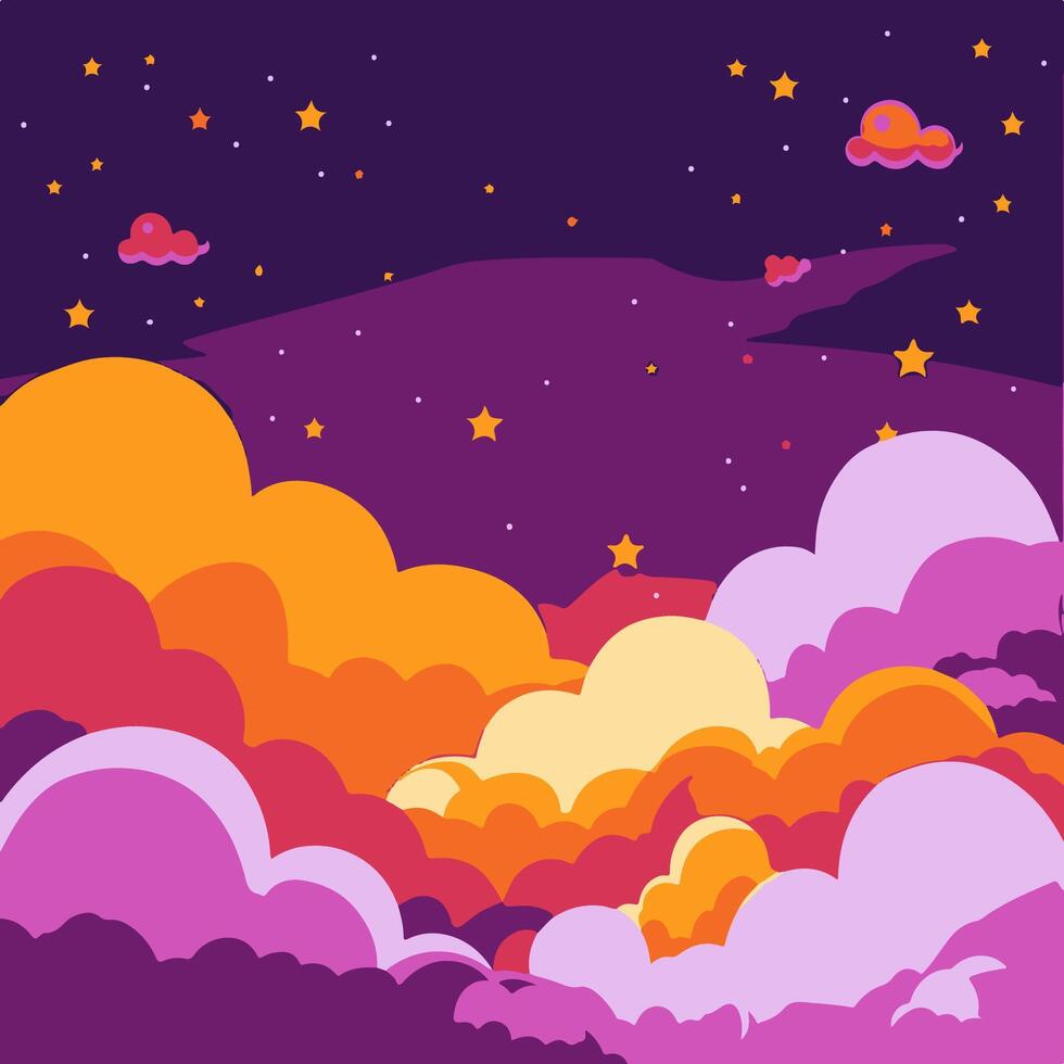 purple and orange clouds with stars vector
