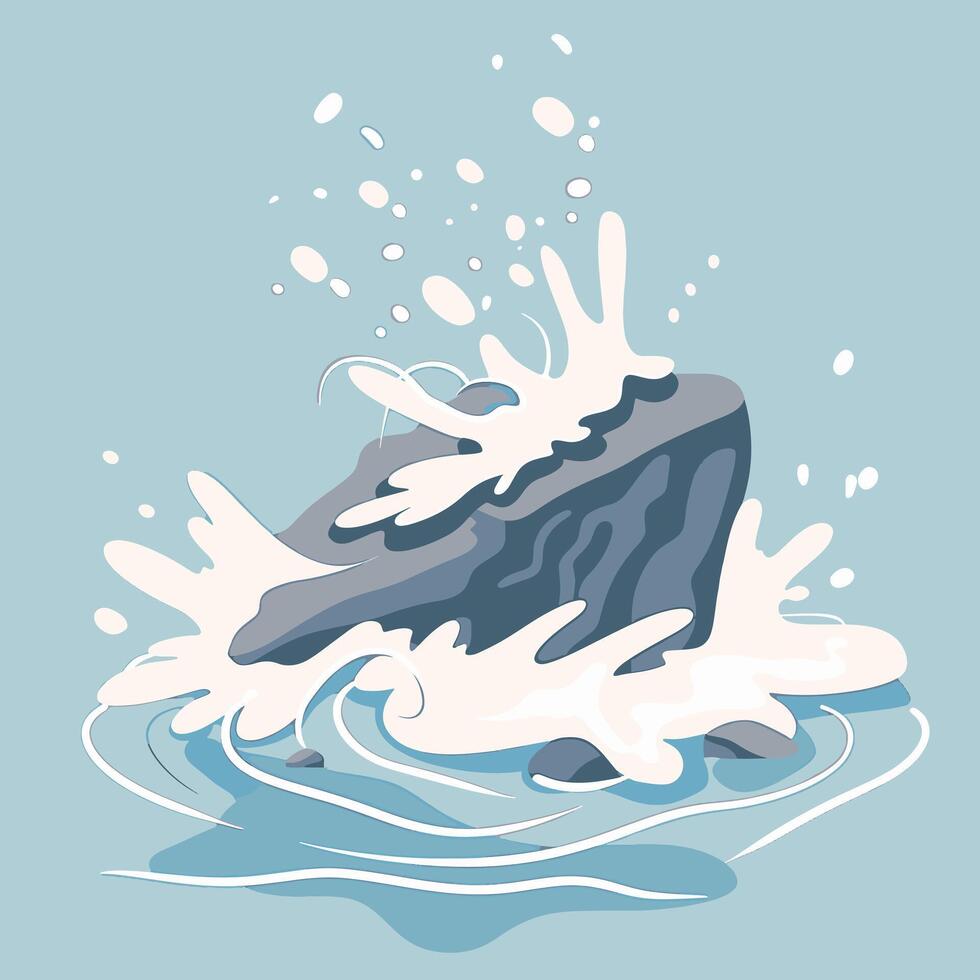 A rock in the ocean with waves and splashing water vector