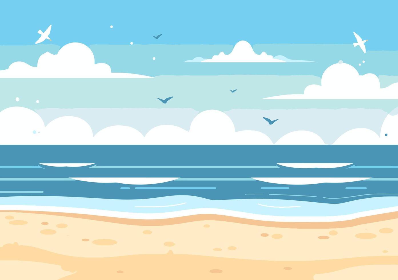 A cartoon beach scene with waves and birds vector