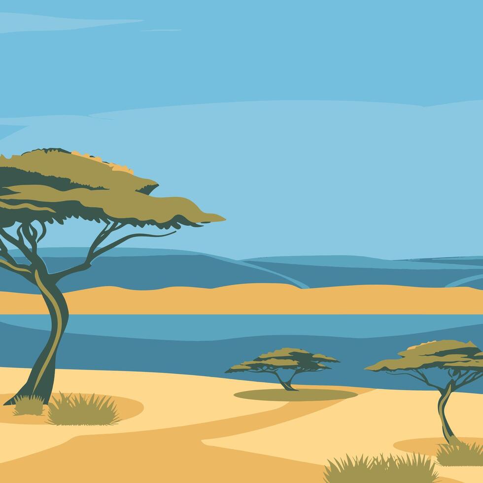 illustration of african landscape with trees and water vector