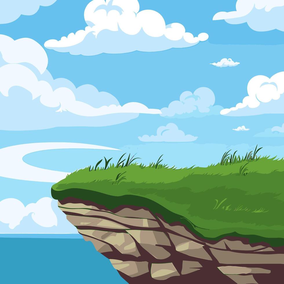 Cartoon illustration of a cliff with grass and clouds vector