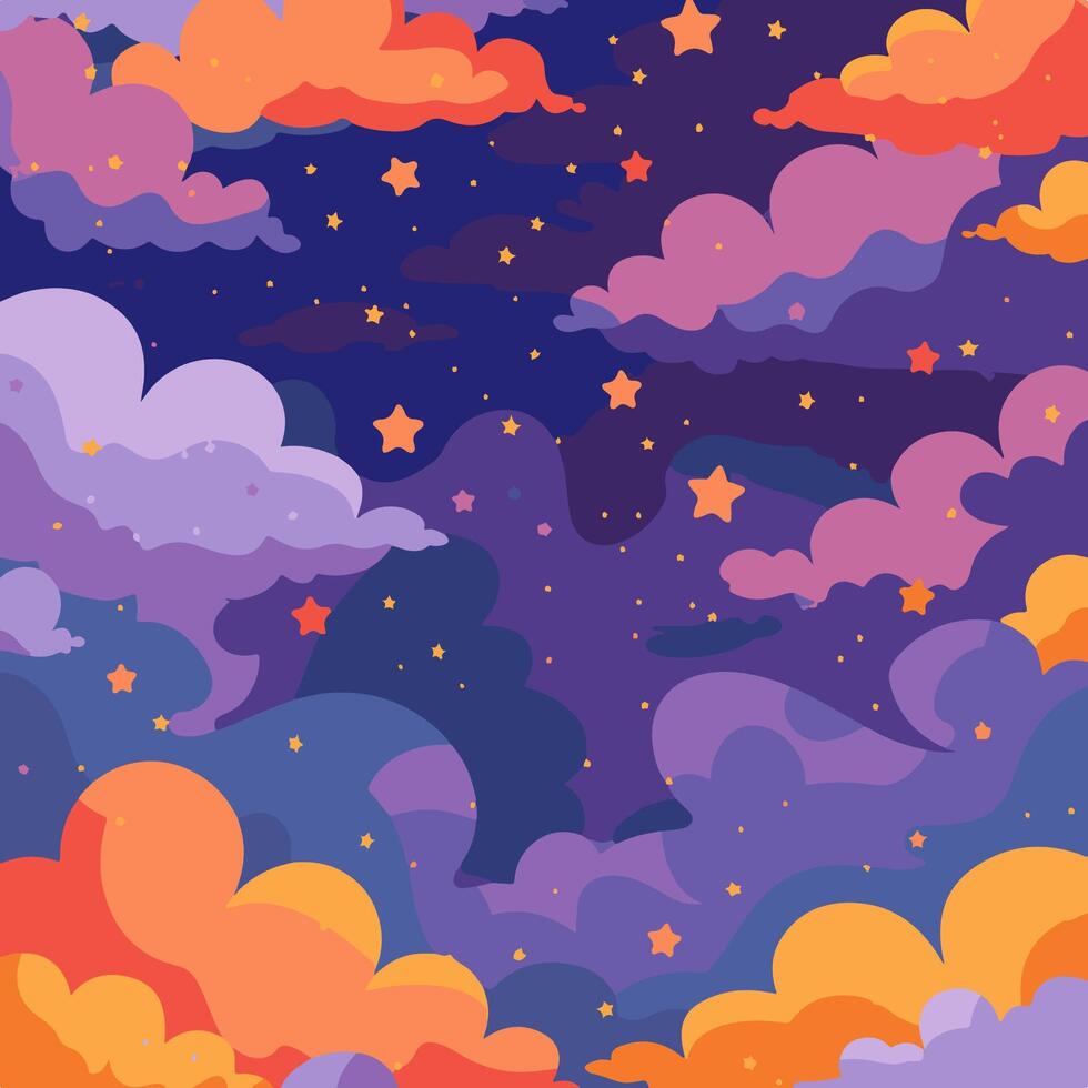 purple and orange clouds with stars vector