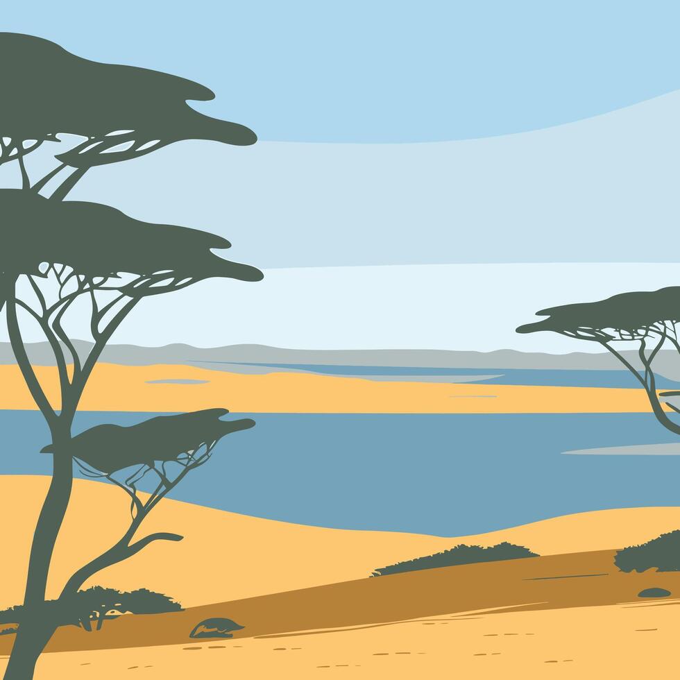 illustration of african landscape with trees and water vector