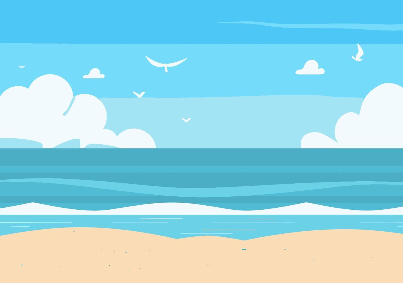 A cartoon beach scene with a seagull flying over the ocean vector