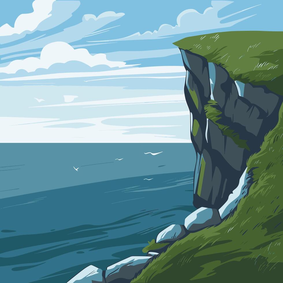 A cartoon illustration of a cliff overlooking the ocean vector