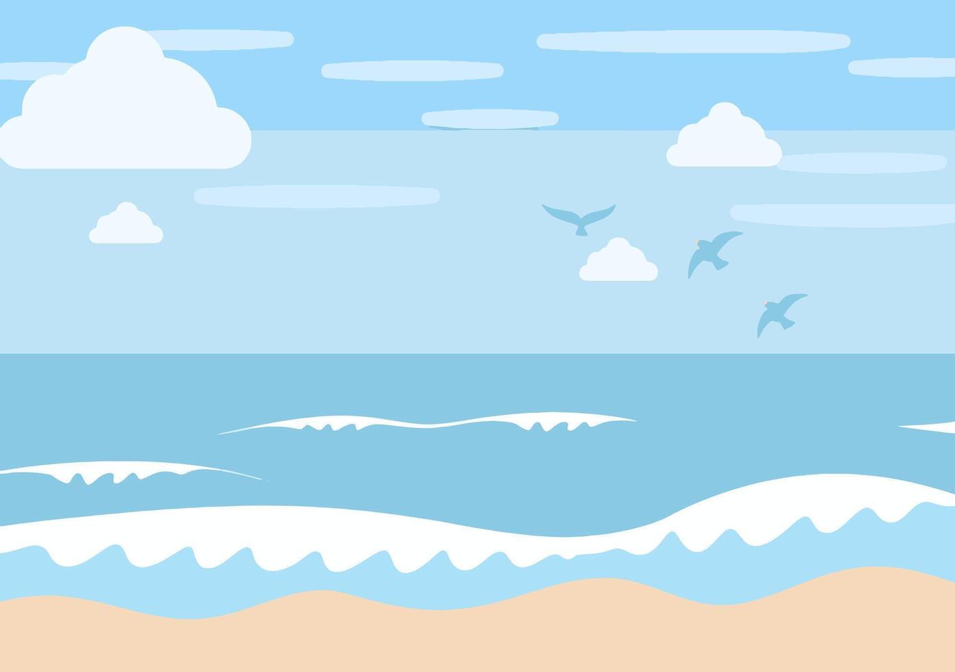Sea beach with waves and birds illustration vector