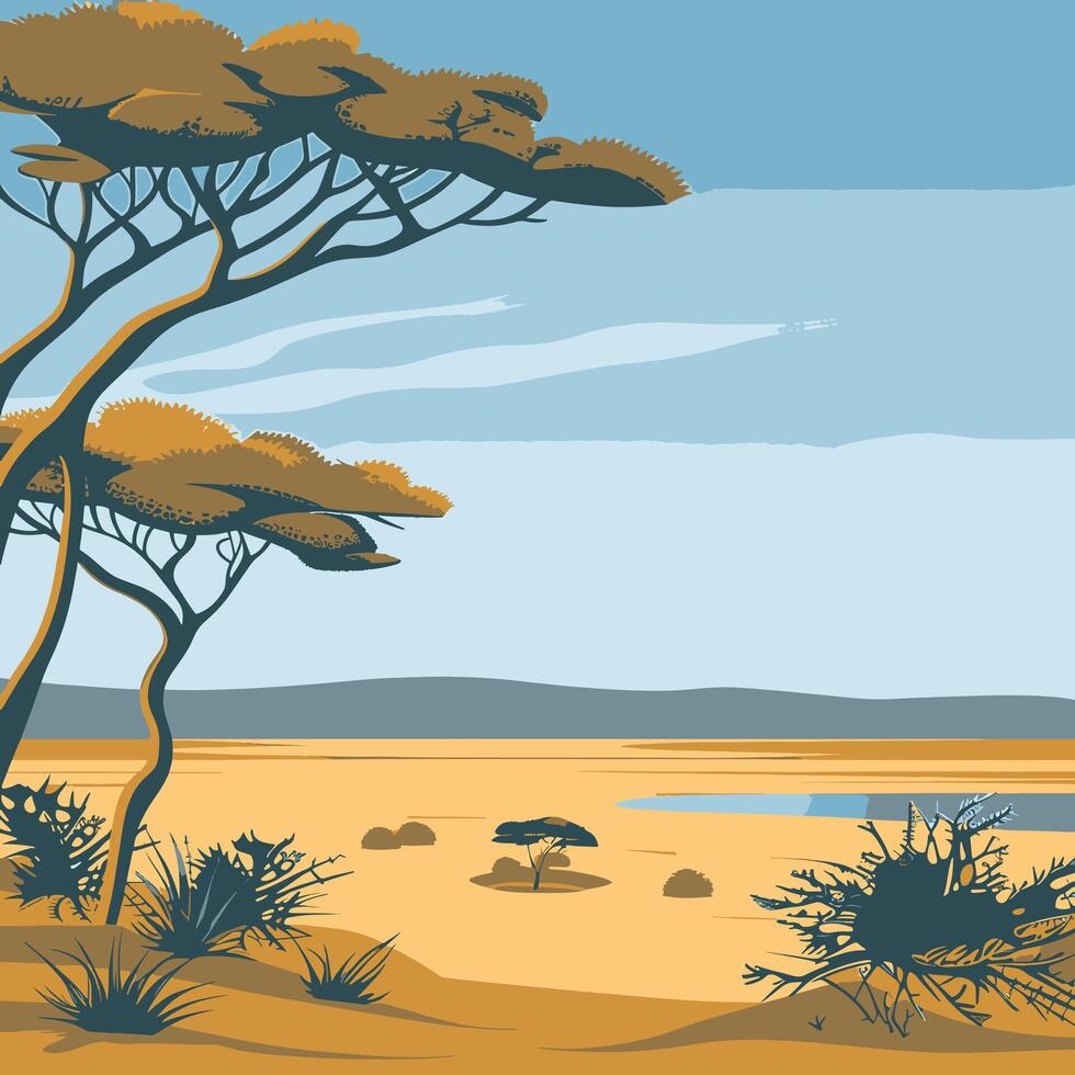 A poster of the african landscape with trees and animals vector