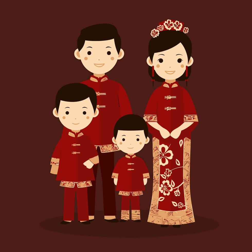 A family dressed in matching traditional Chinese outfits vector