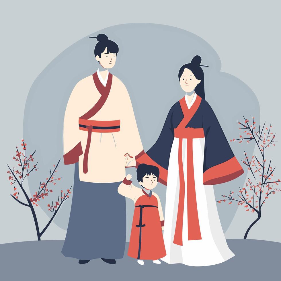 A family dressed in matching traditional Chinese outfits vector