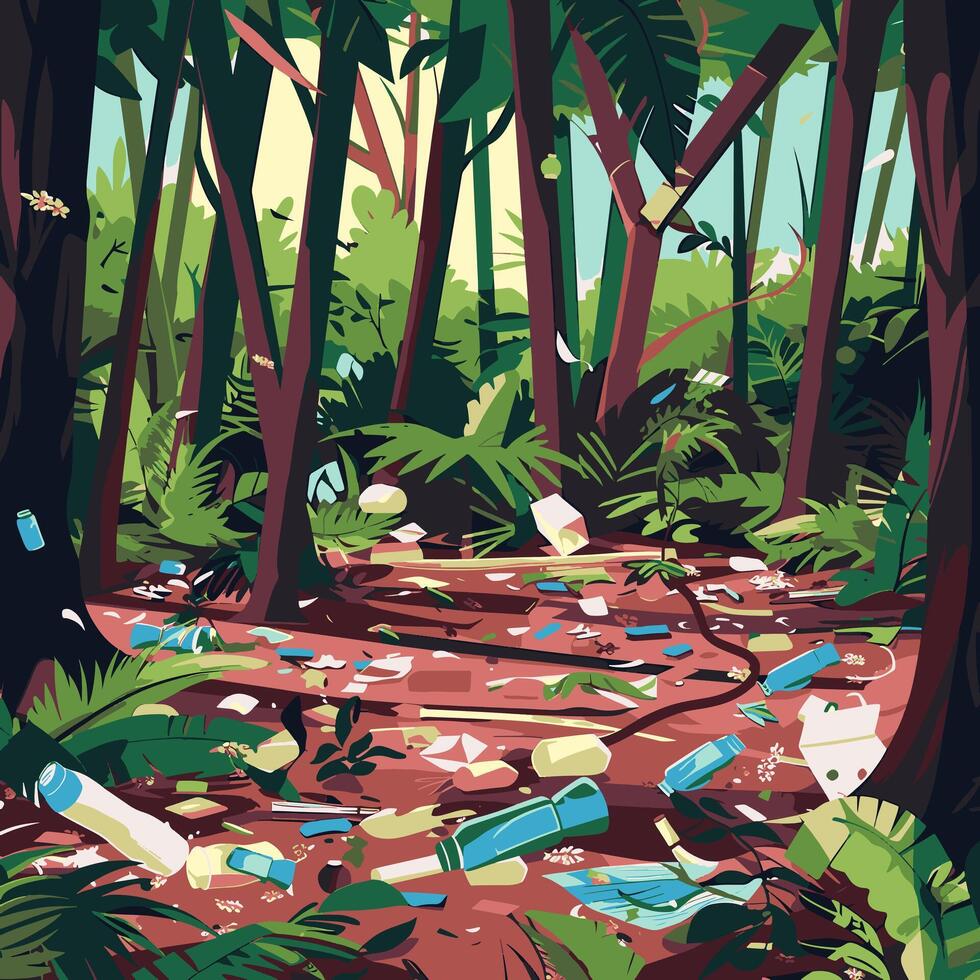 Forest covered in litter and trash vector