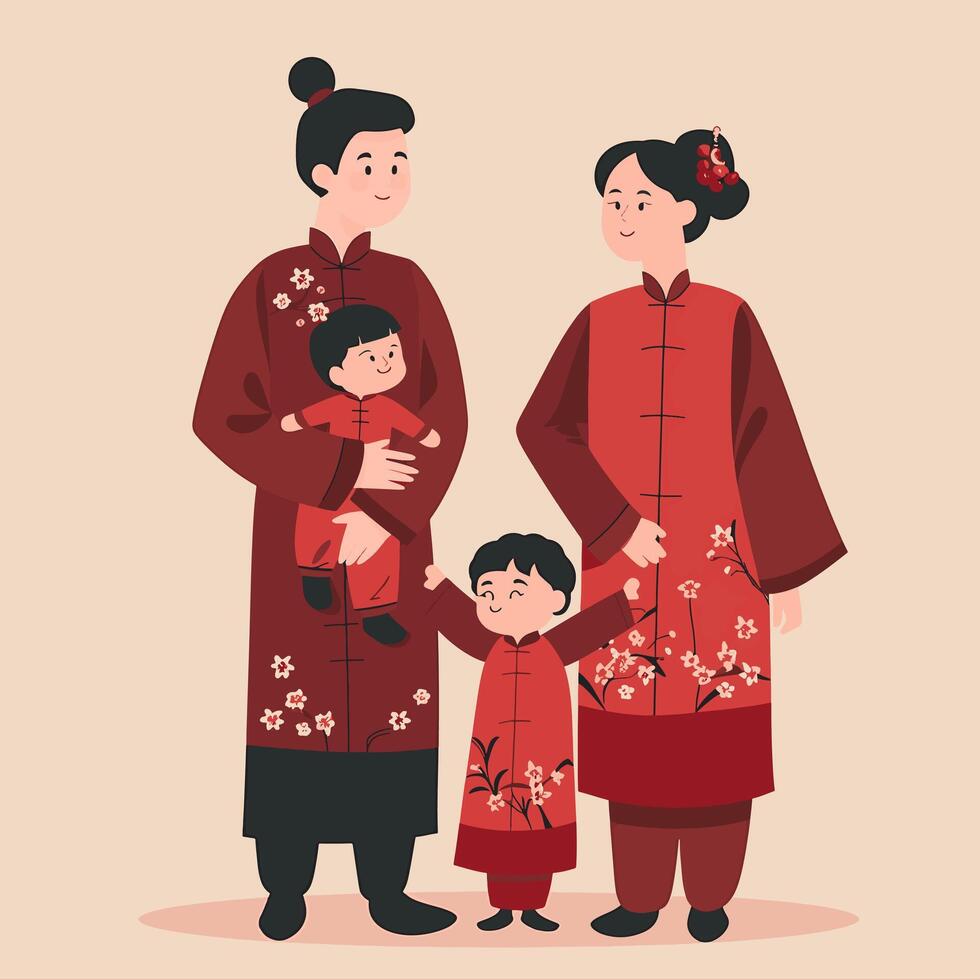 A family dressed in matching traditional Chinese outfits vector
