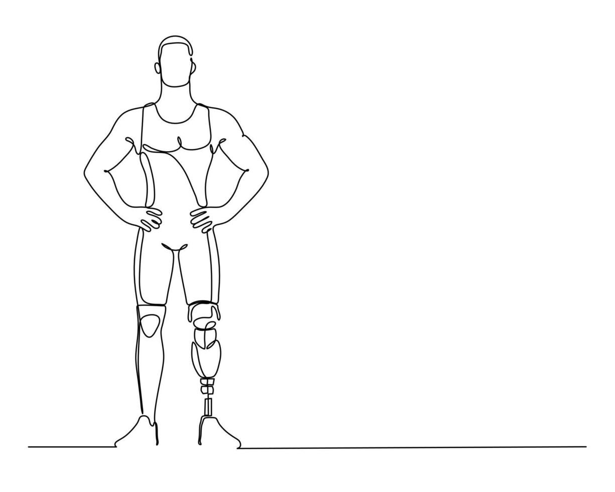 Single line drawing of a confident athlete standing with prosthetic leg, symbolizing determination and overcoming adversity. vector